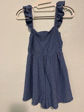 Girls Navy Eyelet Ruffle Strap Dress